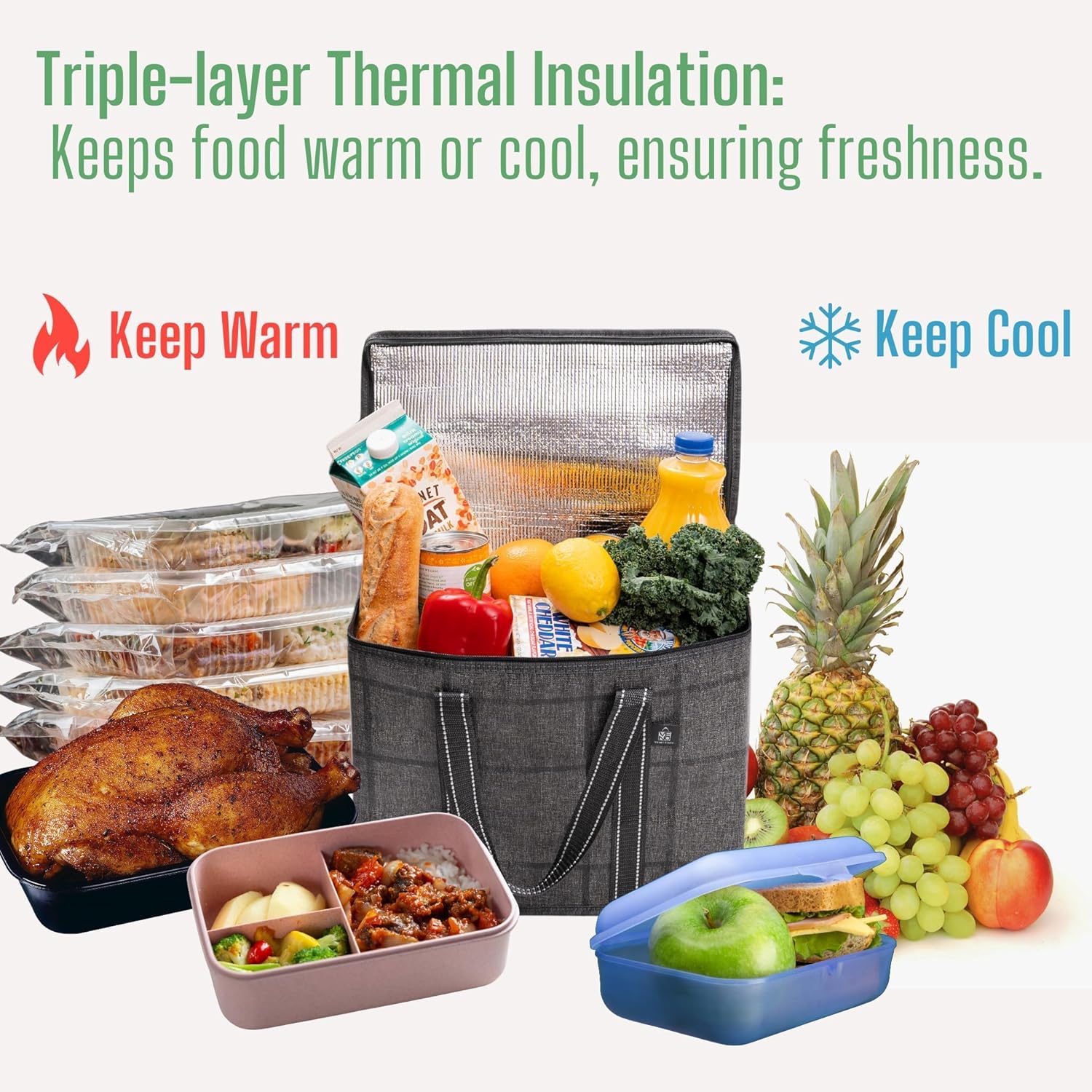 VENO 2 Pack Cooler Bag and Insulated Grocery Bags for Food Delivery, Collapsible Cooler. Reusable Shopping Bags for Groceries with Hard Bottom, Zippered, Foldable, Heavy-Duty (Windowpane, 2 Pack)